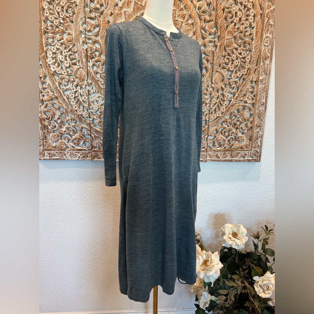 Aurelia Steel Blue Floral Embroidered Back Bohemian Warm Midi Sweater Dress - Picture 4 of 16